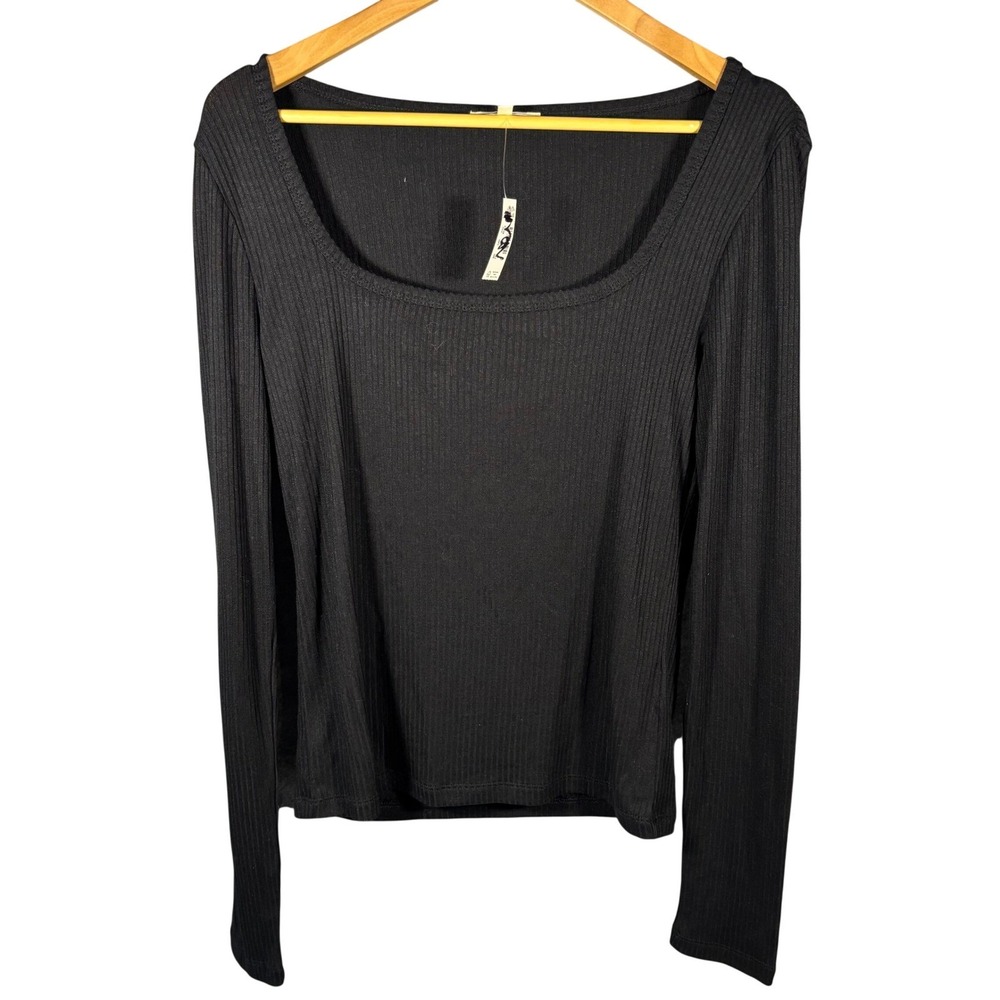 NWT Madewell Black Ribbed Square Neck Long Sleeve Top Womens Large